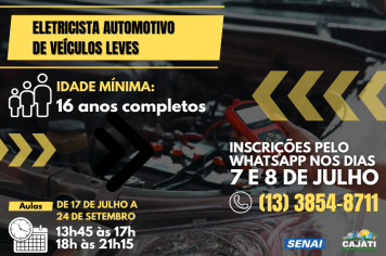 PREFEITURA DE CAJATI OFERECE O CURSO GRATUITO DE ELETRICISTA AUTOMOTIVO DE VEÍCULOS LEVES DO SENAI!