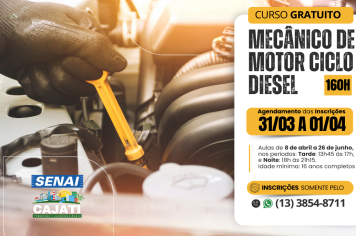 INSCRIÇÕES ABERTAS PARA O CURSO GRATUITO DE MECÂNICO DE MOTOR CICLO DIESEL DO SENAI