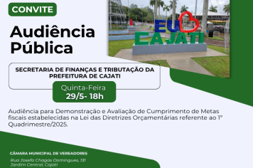 Audiência Pública da Secretaria de Finanças e Tributação acontecerá nesta quinta-feira, dia 29 de maio em Cajati