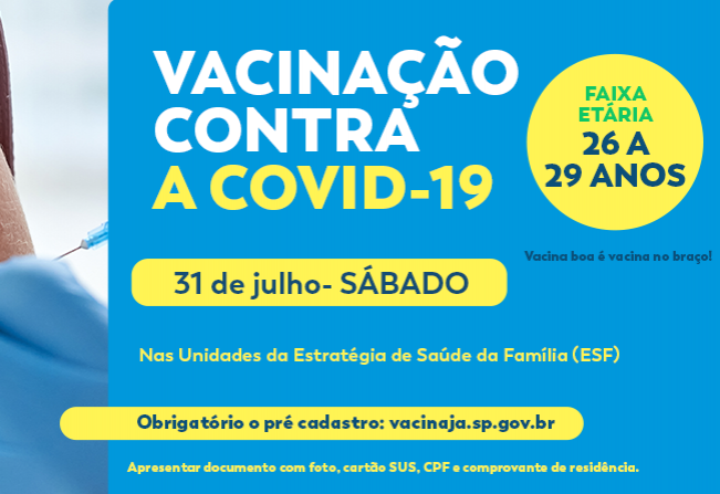 Campanha de vacinação contra a Covid-19 acontece em Cajati neste sábado, 31 de julho 
