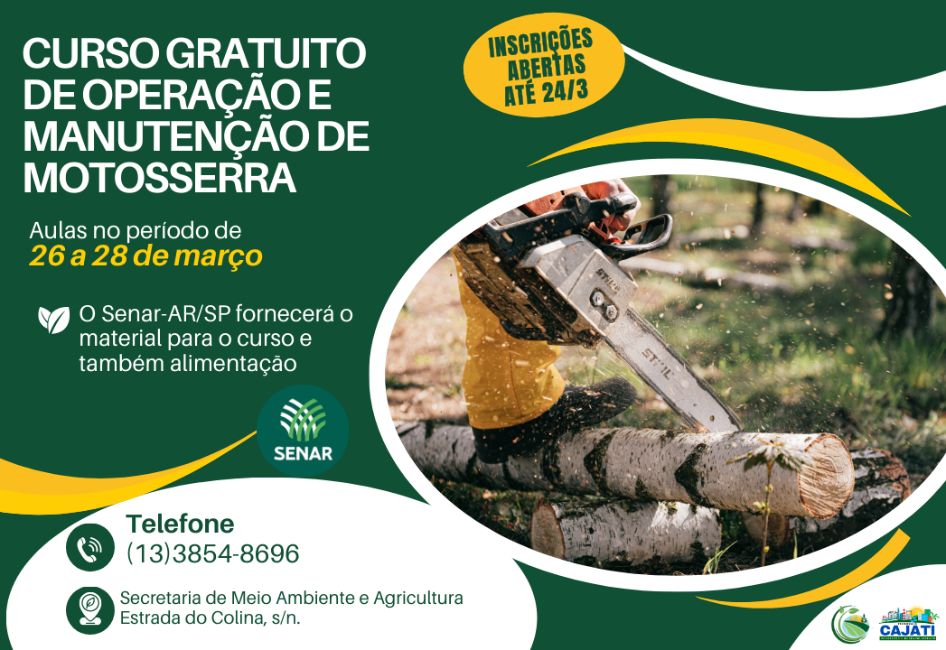 Inscrições abertas para o Curso de Operação e Manutenção de Motosserra 