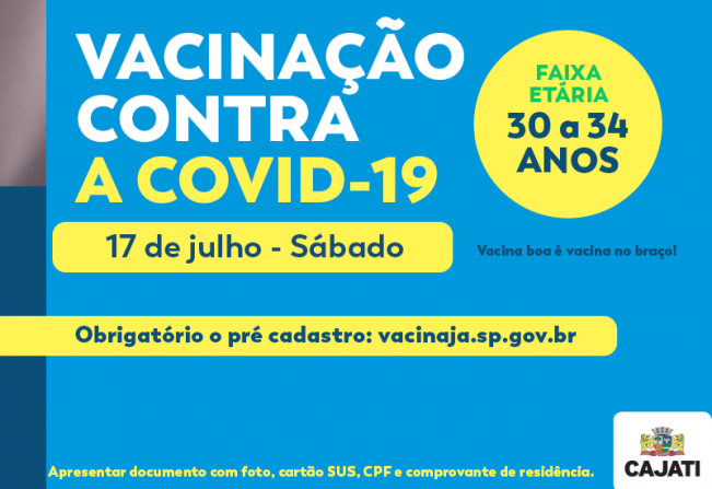 Campanha de vacinação contra a Covid-19 acontece em Cajati neste sábado, 15 de julho 