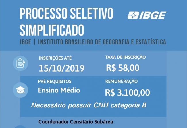 IBGE abre vaga para coordenador censitário subárea em Cajati