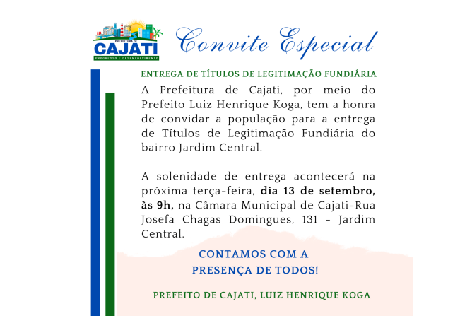 Prefeitura entregará Títulos de Legitimação Fundiária na próxima terça-feira, 13 de setembro